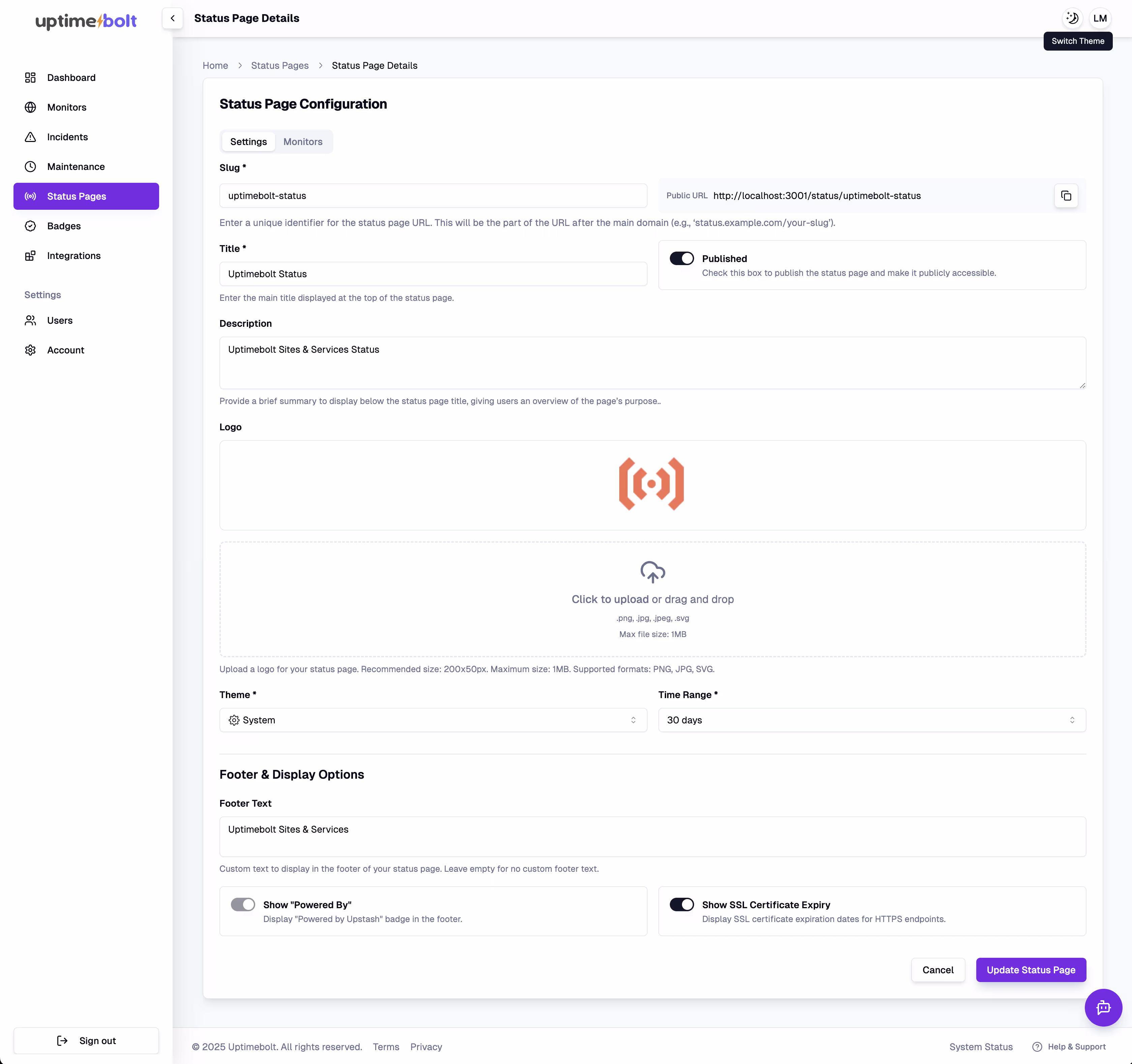 Guía visual de configuración de Páginas de Estado
